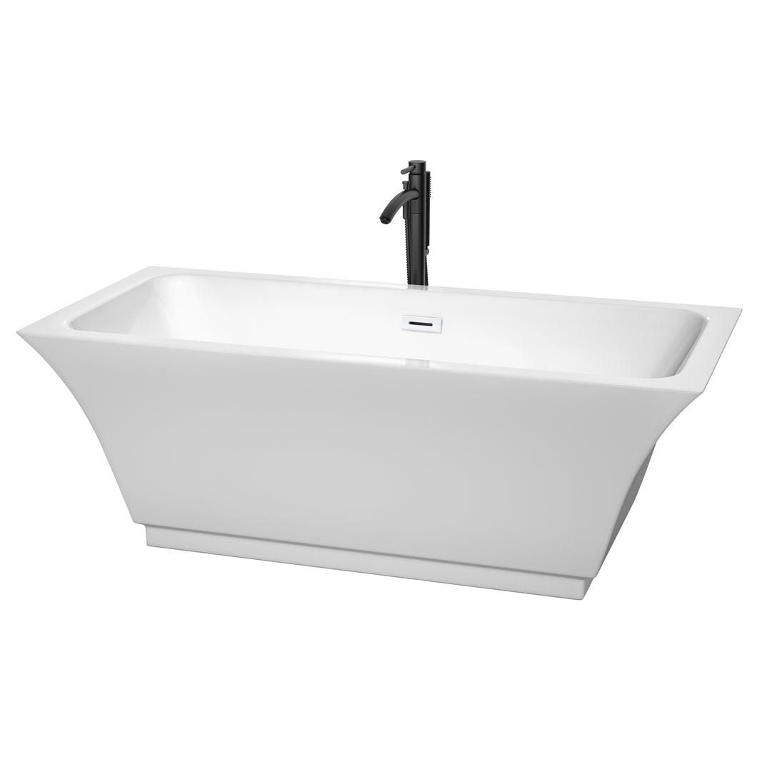 Wyndham Galina 67 Inch Freestanding Bathtub in White with Shiny White Trim and Floor Mounted Faucet in Matte Black- Wyndham