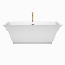 Load image into Gallery viewer, Wyndham Galina 67 Inch Freestanding Bathtub in White with Shiny White Trim and Floor Mounted Faucet in Brushed Gold- Wyndham