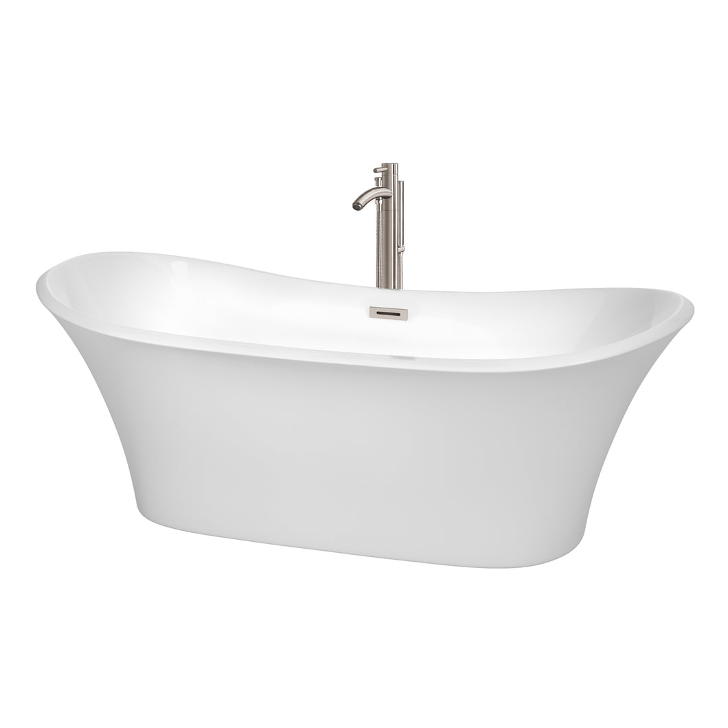 Wyndham Bolera 71 Inch Freestanding Bathtub in White with Floor Mounted Faucet, Drain and Overflow Trim in Brushed Nickel- Wyndham