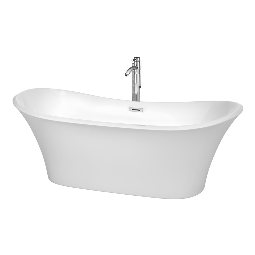 Wyndham Bolera 71 Inch Freestanding Bathtub in White with Floor Mounted Faucet, Drain and Overflow Trim in Polished Chrome- Wyndham