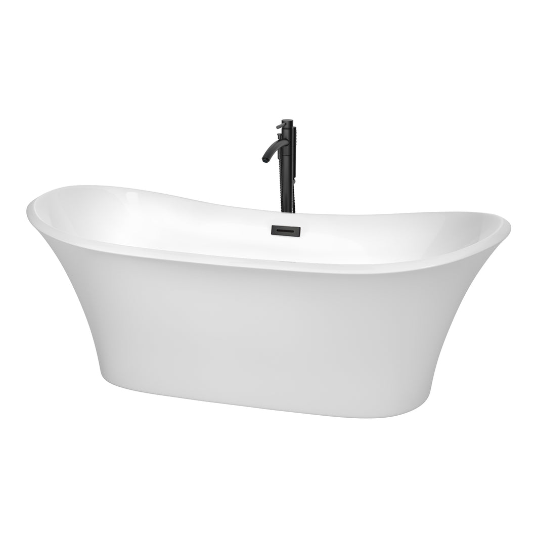 Wyndham Bolera 71 Inch Freestanding Bathtub in White with Floor Mounted Faucet, Drain and Overflow Trim in Matte Black- Wyndham
