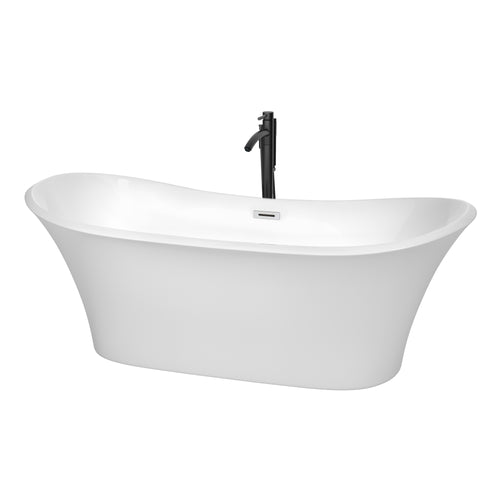 Wyndham Bolera 71 Inch Freestanding Bathtub in White with Polished Chrome Trim and Floor Mounted Faucet in Matte Black- Wyndham