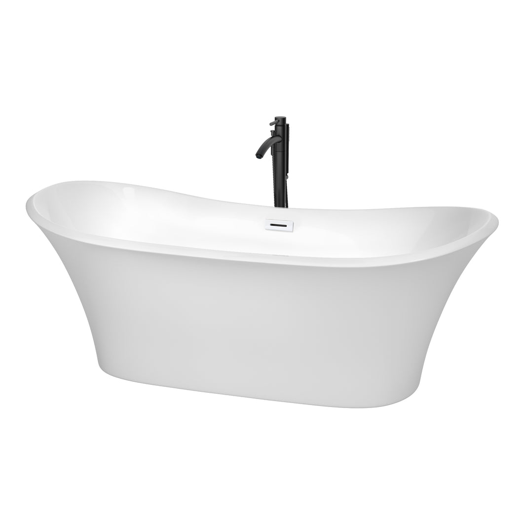 Wyndham Bolera 71 Inch Freestanding Bathtub in White with Shiny White Trim and Floor Mounted Faucet in Matte Black- Wyndham
