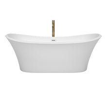 Load image into Gallery viewer, Wyndham Bolera 71 Inch Freestanding Bathtub in White with Shiny White Trim and Floor Mounted Faucet in Brushed Gold- Wyndham
