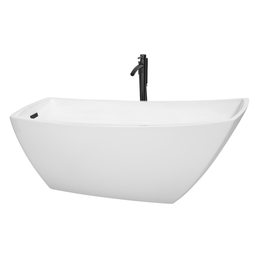 Wyndham Antigua 67 Inch Freestanding Bathtub in White with Floor Mounted Faucet, Drain and Overflow Trim in Matte Black- Wyndham