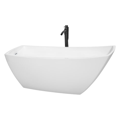 Wyndham Antigua 67 Inch Freestanding Bathtub in White with Shiny White Trim and Floor Mounted Faucet in Matte Black- Wyndham