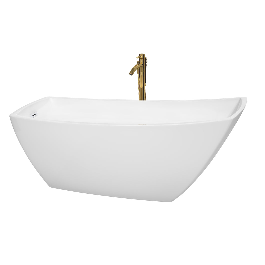Wyndham Antigua 67 Inch Freestanding Bathtub in White with Shiny White Trim and Floor Mounted Faucet in Brushed Gold- Wyndham
