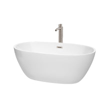 Load image into Gallery viewer, Wyndham Juno 59 Inch Freestanding Bathtub in White with Floor Mounted Faucet, Drain and Overflow Trim in Brushed Nickel- Wyndham