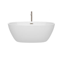 Load image into Gallery viewer, Wyndham Juno 59 Inch Freestanding Bathtub in White with Floor Mounted Faucet, Drain and Overflow Trim in Brushed Nickel- Wyndham