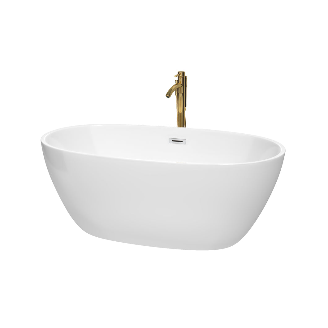 Wyndham Juno 59 Inch Freestanding Bathtub in White with Polished Chrome Trim and Floor Mounted Faucet in Brushed Gold- Wyndham