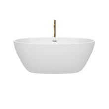 Load image into Gallery viewer, Wyndham Juno 59 Inch Freestanding Bathtub in White with Polished Chrome Trim and Floor Mounted Faucet in Brushed Gold- Wyndham
