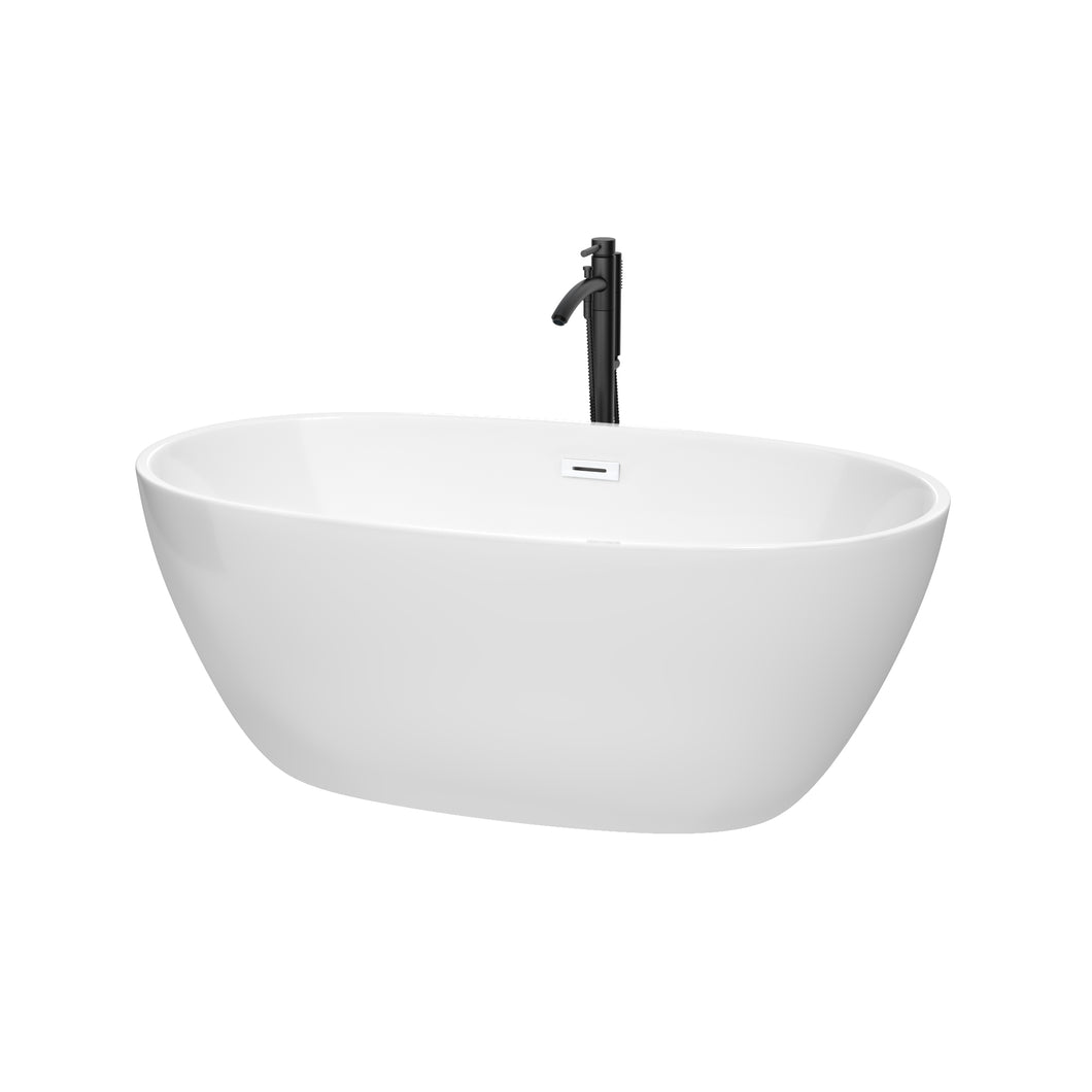 Wyndham Juno 59 Inch Freestanding Bathtub in White with Shiny White Trim and Floor Mounted Faucet in Matte Black- Wyndham