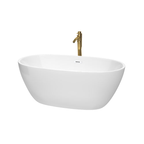 Wyndham Juno 59 Inch Freestanding Bathtub in White with Shiny White Trim and Floor Mounted Faucet in Brushed Gold- Wyndham