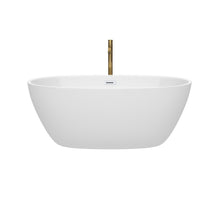 Load image into Gallery viewer, Wyndham Juno 59 Inch Freestanding Bathtub in White with Shiny White Trim and Floor Mounted Faucet in Brushed Gold- Wyndham