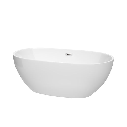 Wyndham Juno 63 Inch Freestanding Bathtub in White with Polished Chrome Drain and Overflow Trim- Wyndham