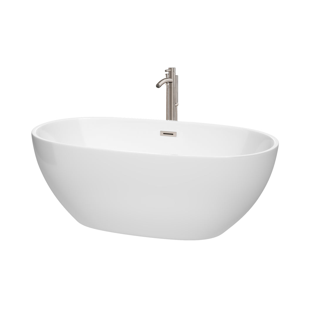 Wyndham Juno 63 Inch Freestanding Bathtub in White with Floor Mounted Faucet, Drain and Overflow Trim in Brushed Nickel- Wyndham