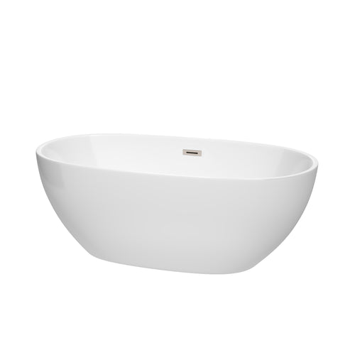 Wyndham Juno 63 Inch Freestanding Bathtub in White with Brushed Nickel Drain and Overflow Trim- Wyndham