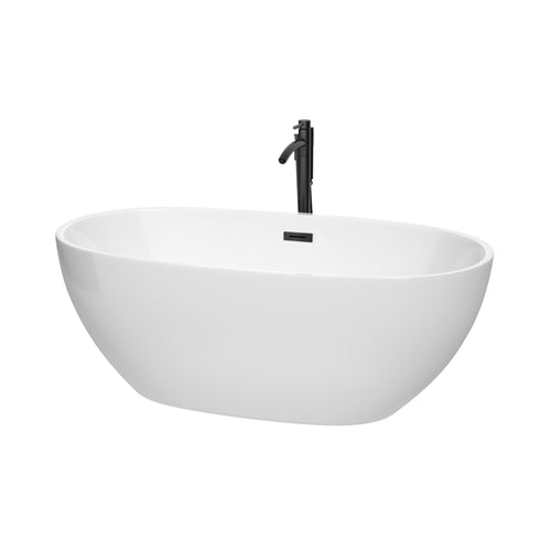 Wyndham Juno 63 Inch Freestanding Bathtub in White with Floor Mounted Faucet, Drain and Overflow Trim in Matte Black- Wyndham
