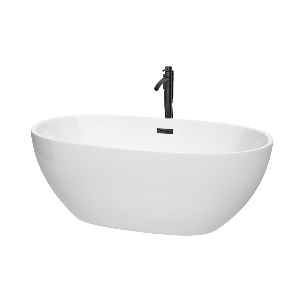 Wyndham Juno 63 Inch Freestanding Bathtub in White with Floor Mounted Faucet, Drain and Overflow Trim in Matte Black- Wyndham
