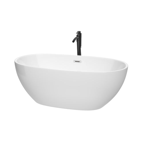 Wyndham Juno 63 Inch Freestanding Bathtub in White with Polished Chrome Trim and Floor Mounted Faucet in Matte Black- Wyndham
