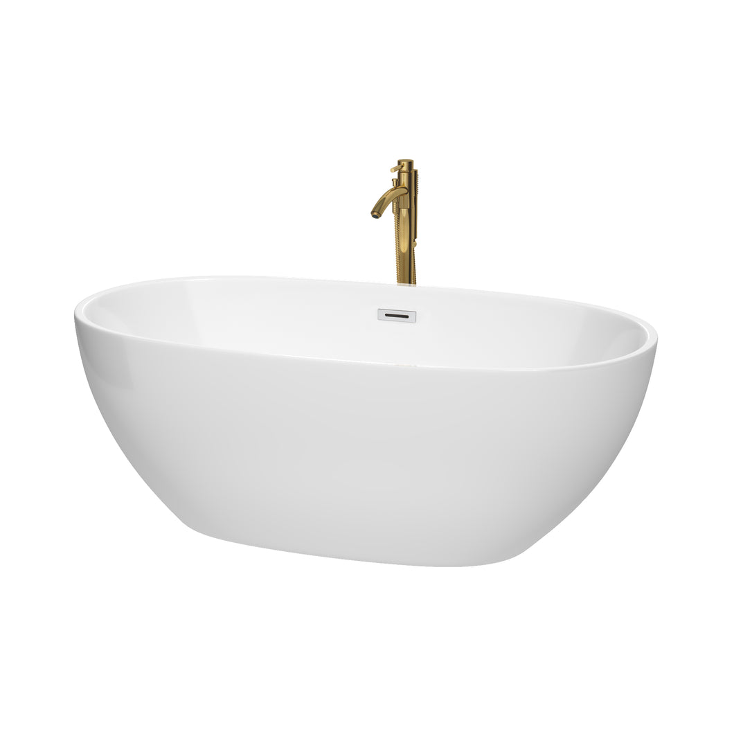 Wyndham Juno 63 Inch Freestanding Bathtub in White with Polished Chrome Trim and Floor Mounted Faucet in Brushed Gold- Wyndham