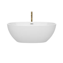 Load image into Gallery viewer, Wyndham Juno 63 Inch Freestanding Bathtub in White with Polished Chrome Trim and Floor Mounted Faucet in Brushed Gold- Wyndham