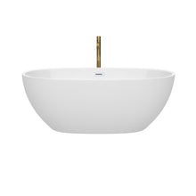 Load image into Gallery viewer, Wyndham Juno 63 Inch Freestanding Bathtub in White with Shiny White Trim and Floor Mounted Faucet in Brushed Gold- Wyndham