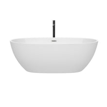 Load image into Gallery viewer, Wyndham Juno 67 Inch Freestanding Bathtub in White with Polished Chrome Trim and Floor Mounted Faucet in Matte Black- Wyndham