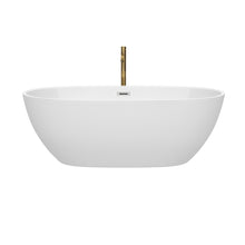 Load image into Gallery viewer, Wyndham Juno 67 Inch Freestanding Bathtub in White with Polished Chrome Trim and Floor Mounted Faucet in Brushed Gold- Wyndham