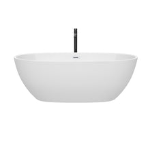 Load image into Gallery viewer, Wyndham Juno 67 Inch Freestanding Bathtub in White with Shiny White Trim and Floor Mounted Faucet in Matte Black- Wyndham