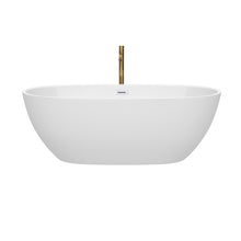 Load image into Gallery viewer, Wyndham Juno 67 Inch Freestanding Bathtub in White with Shiny White Trim and Floor Mounted Faucet in Brushed Gold- Wyndham