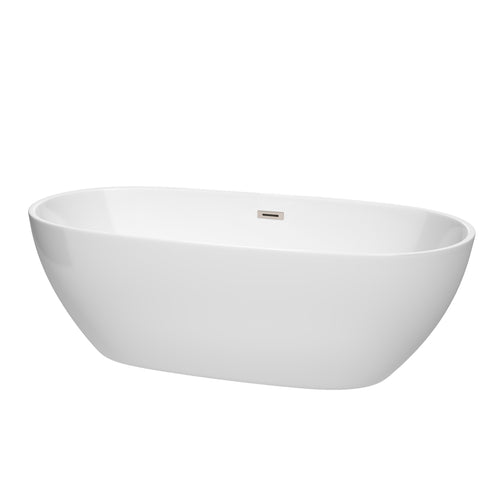 Wyndham Juno 71 Inch Freestanding Bathtub in White with Brushed Nickel Drain and Overflow Trim- Wyndham