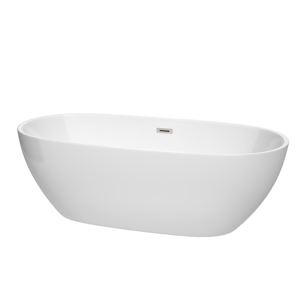 Wyndham Juno 71 Inch Freestanding Bathtub in White with Brushed Nickel Drain and Overflow Trim- Wyndham