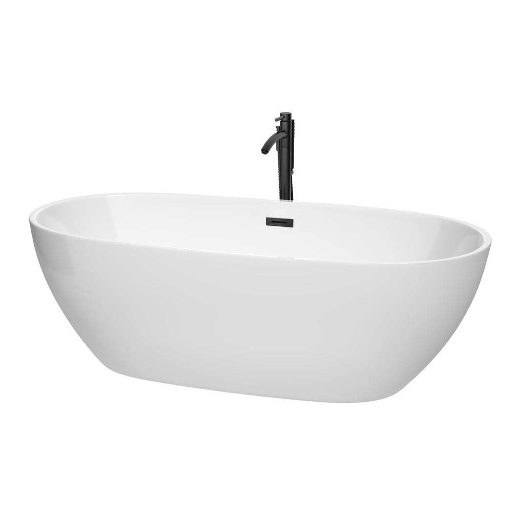 Wyndham Juno 71 Inch Freestanding Bathtub in White with Floor Mounted Faucet, Drain and Overflow Trim in Matte Black- Wyndham