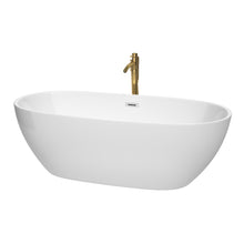 Load image into Gallery viewer, Wyndham Juno 71 Inch Freestanding Bathtub in White with Polished Chrome Trim and Floor Mounted Faucet in Brushed Gold- Wyndham