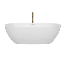 Load image into Gallery viewer, Wyndham Juno 71 Inch Freestanding Bathtub in White with Polished Chrome Trim and Floor Mounted Faucet in Brushed Gold- Wyndham