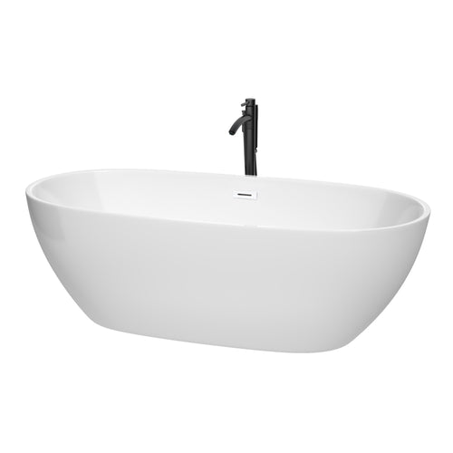 Wyndham Juno 71 Inch Freestanding Bathtub in White with Shiny White Trim and Floor Mounted Faucet in Matte Black- Wyndham