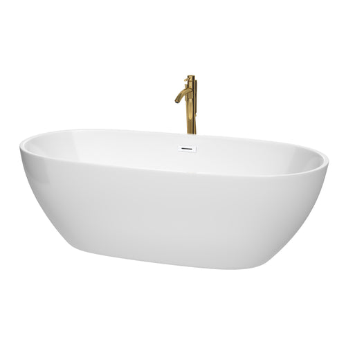 Wyndham Juno 71 Inch Freestanding Bathtub in White with Shiny White Trim and Floor Mounted Faucet in Brushed Gold- Wyndham