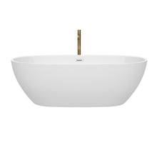 Load image into Gallery viewer, Wyndham Juno 71 Inch Freestanding Bathtub in White with Shiny White Trim and Floor Mounted Faucet in Brushed Gold- Wyndham