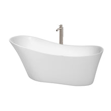 Load image into Gallery viewer, Wyndham Janice 67 Inch Freestanding Bathtub in White with Floor Mounted Faucet, Drain and Overflow Trim in Brushed Nickel- Wyndham