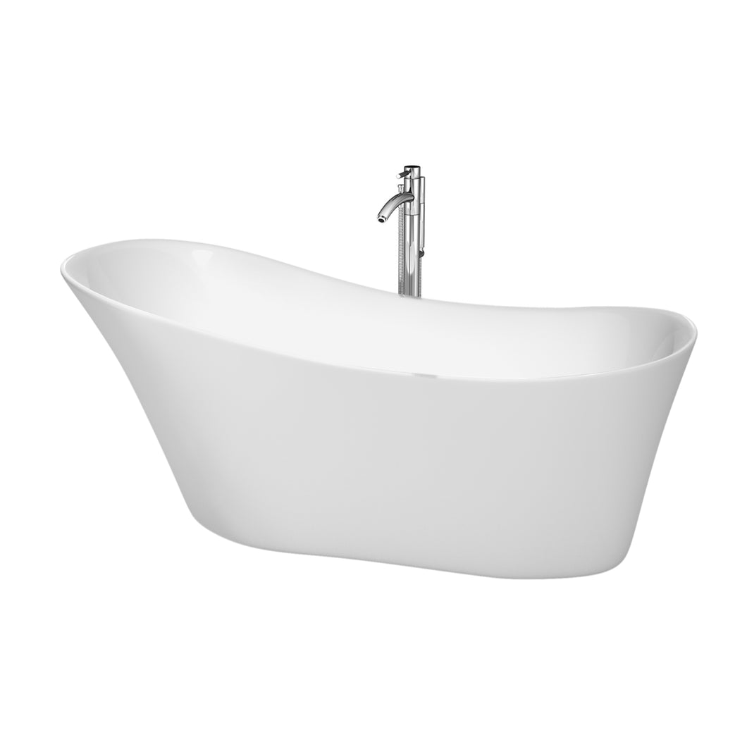 Wyndham Janice 67 Inch Freestanding Bathtub in White with Floor Mounted Faucet, Drain and Overflow Trim in Polished Chrome- Wyndham
