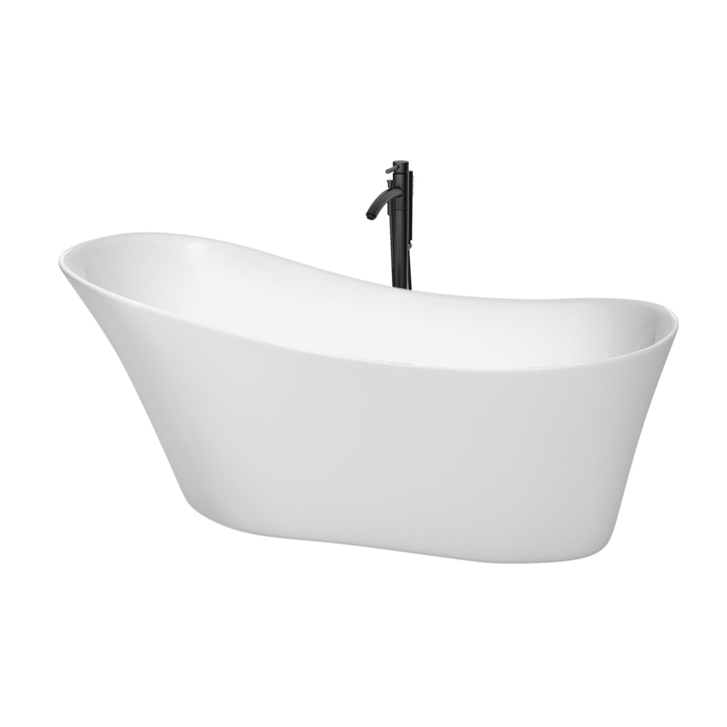Wyndham Janice 67 Inch Freestanding Bathtub in White with Floor Mounted Faucet, Drain and Overflow Trim in Matte Black- Wyndham