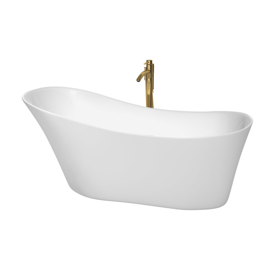 Wyndham Janice 67 Inch Freestanding Bathtub in White with Polished Chrome Trim and Floor Mounted Faucet in Brushed Gold- Wyndham