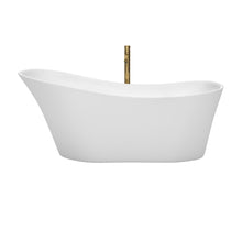Load image into Gallery viewer, Wyndham Janice 67 Inch Freestanding Bathtub in White with Shiny White Trim and Floor Mounted Faucet in Brushed Gold- Wyndham
