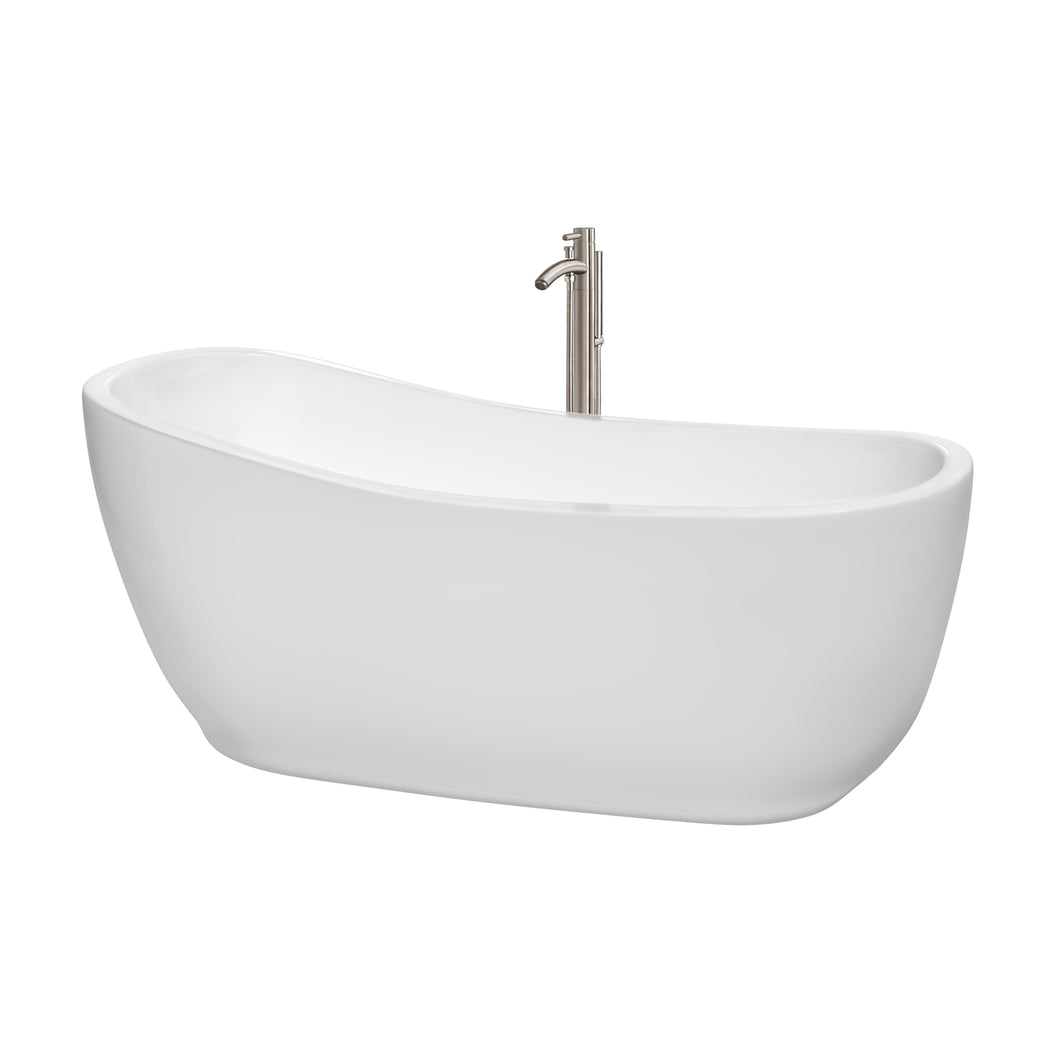 Wyndham Margaret 66 Inch Freestanding Bathtub in White with Floor Mounted Faucet, Drain and Overflow Trim in Brushed Nickel- Wyndham