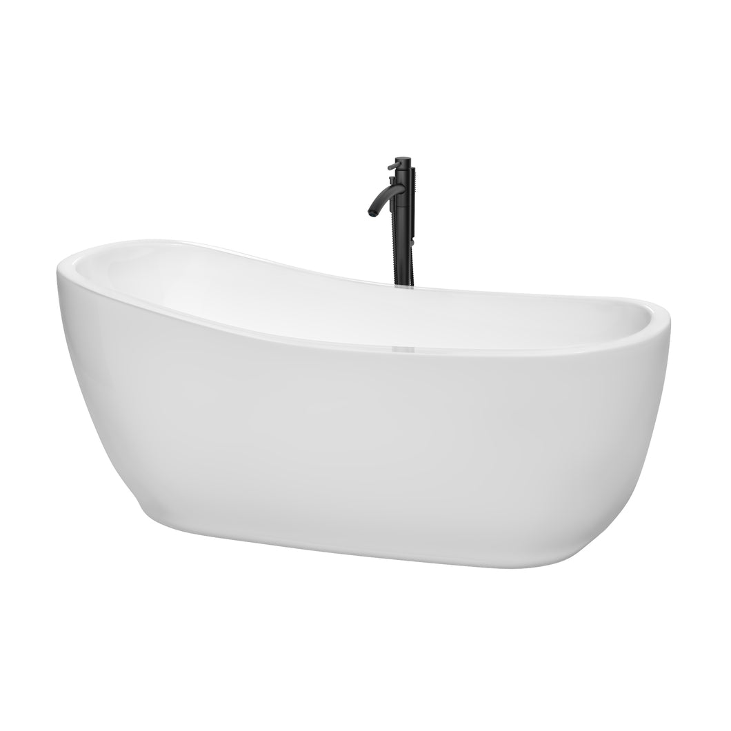 Wyndham Margaret 66 Inch Freestanding Bathtub in White with Polished Chrome Trim and Floor Mounted Faucet in Matte Black- Wyndham