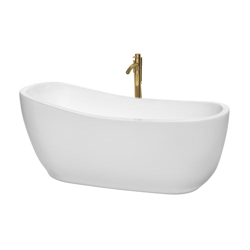 Wyndham Margaret 66 Inch Freestanding Bathtub in White with Polished Chrome Trim and Floor Mounted Faucet in Brushed Gold- Wyndham