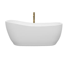 Load image into Gallery viewer, Wyndham Margaret 66 Inch Freestanding Bathtub in White with Shiny White Trim and Floor Mounted Faucet in Brushed Gold- Wyndham