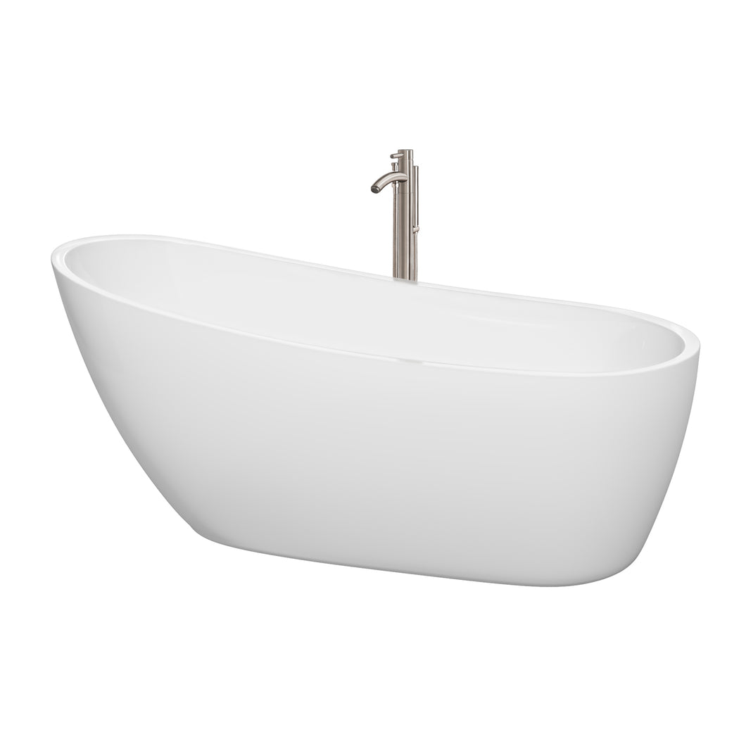 Wyndham Florence 68 Inch Freestanding Bathtub in White with Floor Mounted Faucet, Drain and Overflow Trim in Brushed Nickel- Wyndham