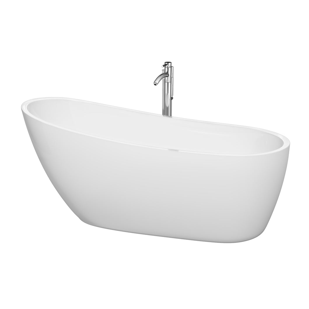 Wyndham Florence 68 Inch Freestanding Bathtub in White with Floor Mounted Faucet, Drain and Overflow Trim in Polished Chrome- Wyndham